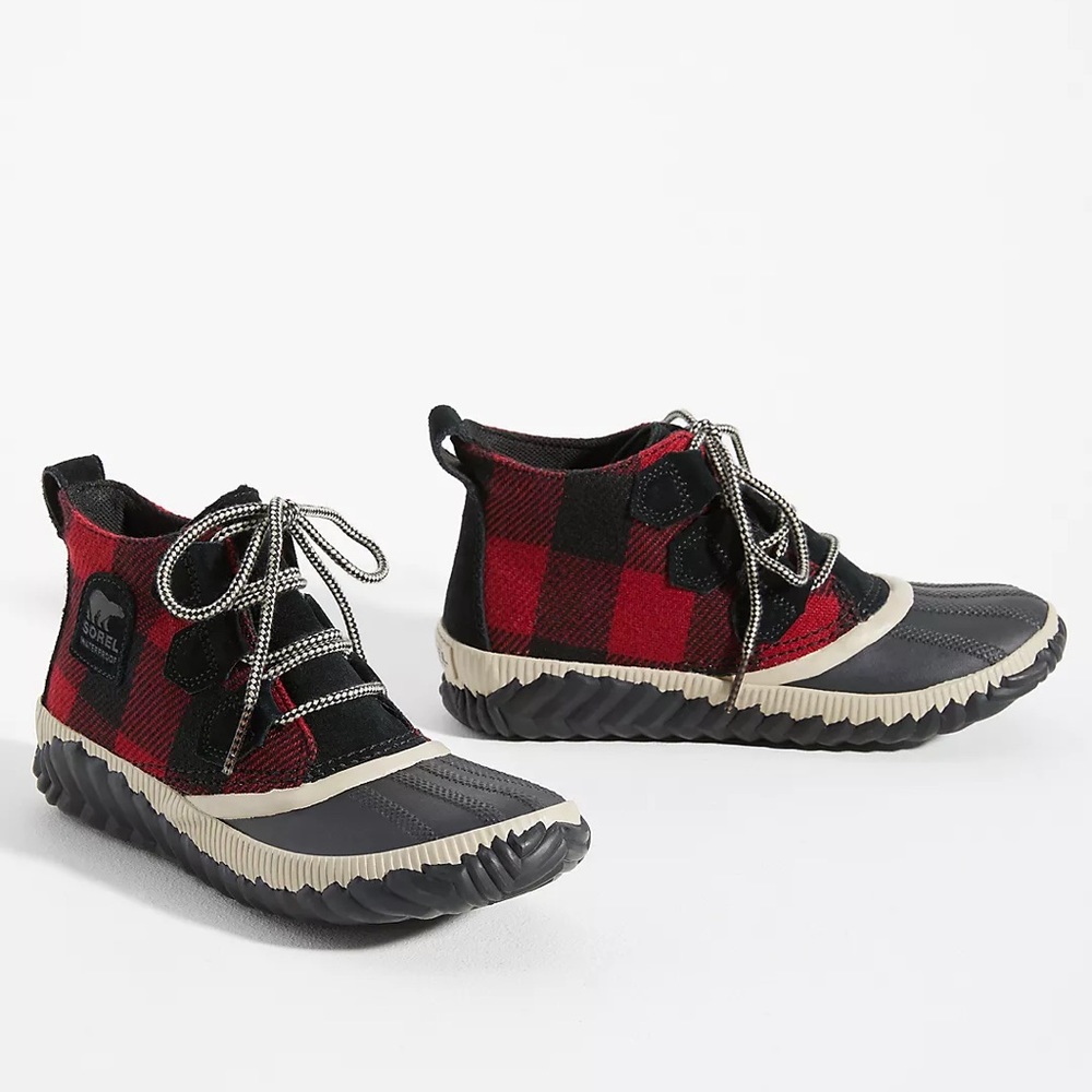 Sorel Red Black Buffalo Plaid Check Duck Rain Snow Boots Size 9